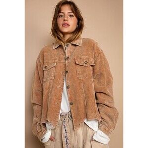 POL Small Boho Corduroy Jacket  Brown Raw Hem Distressed Hippie Western Button‎